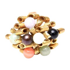 14K Gold, Jade, Amethyst, Coral, Black and White Onyx Cluster Dome Ring Vintage