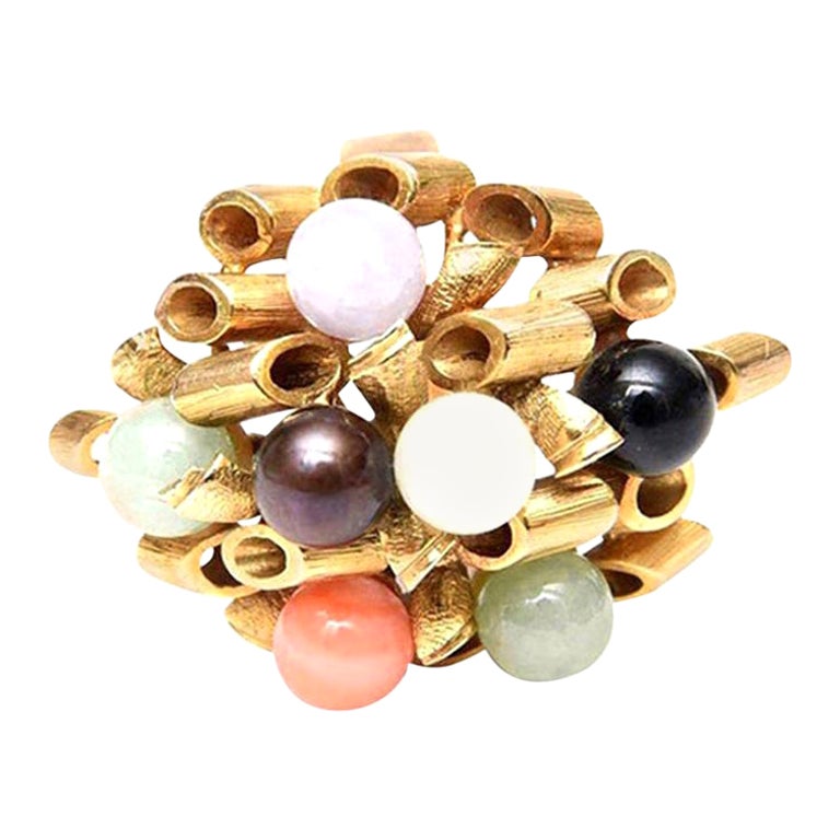 14K Gold, Jade, Amethyst, Coral, Black and White Onyx Cluster Dome Ring Vintage For Sale