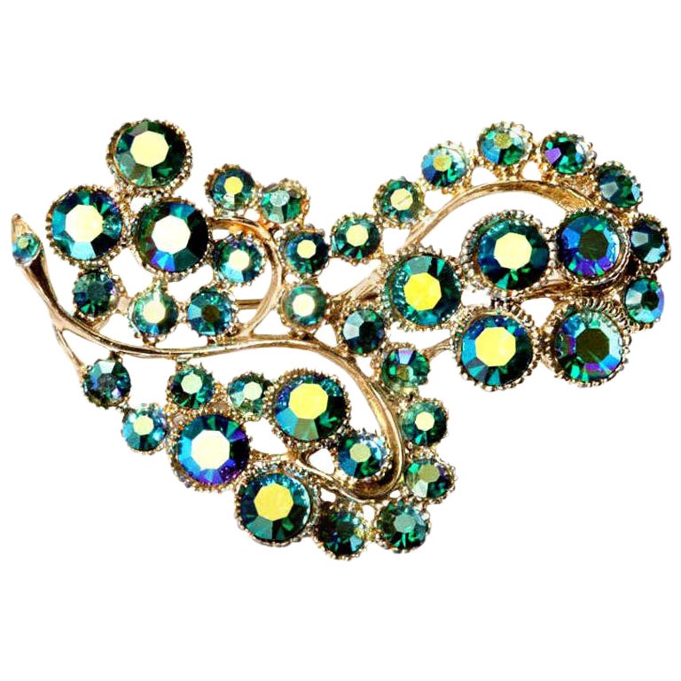 Aurora Borealis Iridescent Blues, Greens Vintage Crystal Pin Brooch For Sale