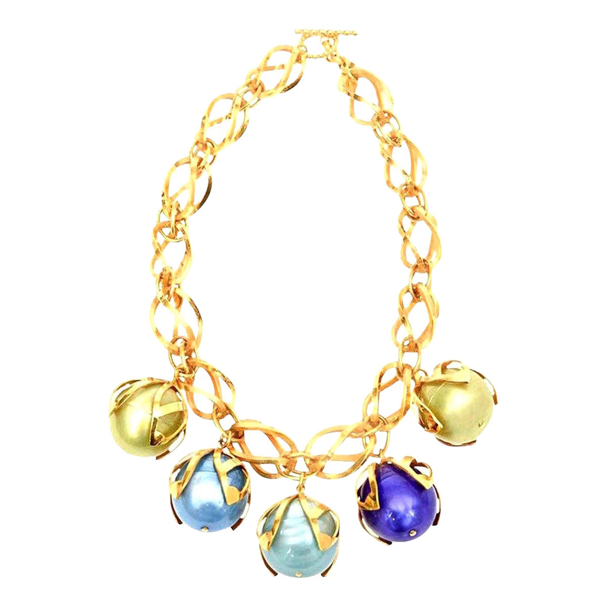 Dominique Aurientis Gold Link, Turquoise, Green Resin Ball Necklace French 80's For Sale