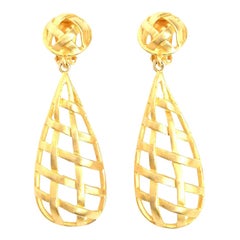  Vintage Criss Cross Cage Gold Plated Dangle Clip On Earrings 80's