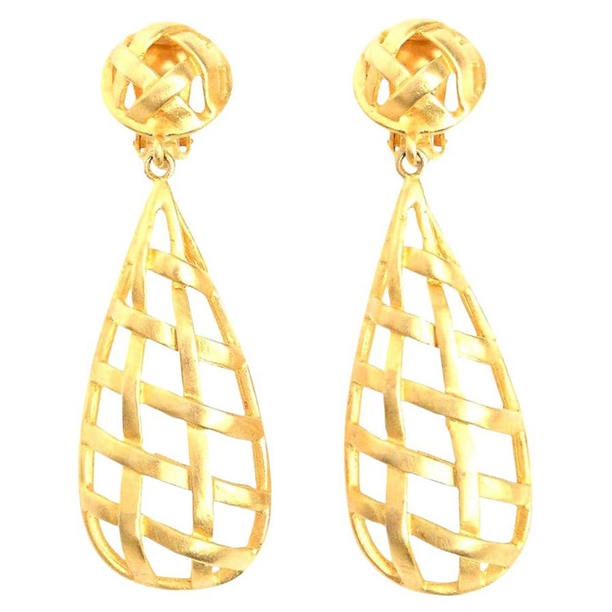  Vintage Criss Cross Cage Gold Plated Dangle Clip On Earrings 80's For Sale