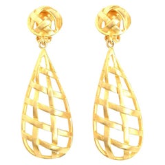 Vintage Criss Cross Cage Gold Plated Dangle Clip On Earrings 80's