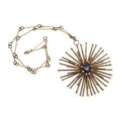 Bronze Hand Wrought Starburst Medallion and Blue Stone Necklace 2