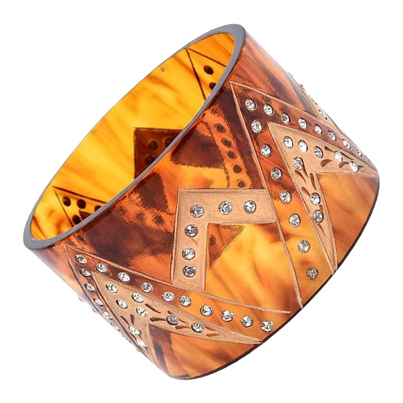 French Tortoise Resin and Rhinestone Cuff Bracelet For Sale