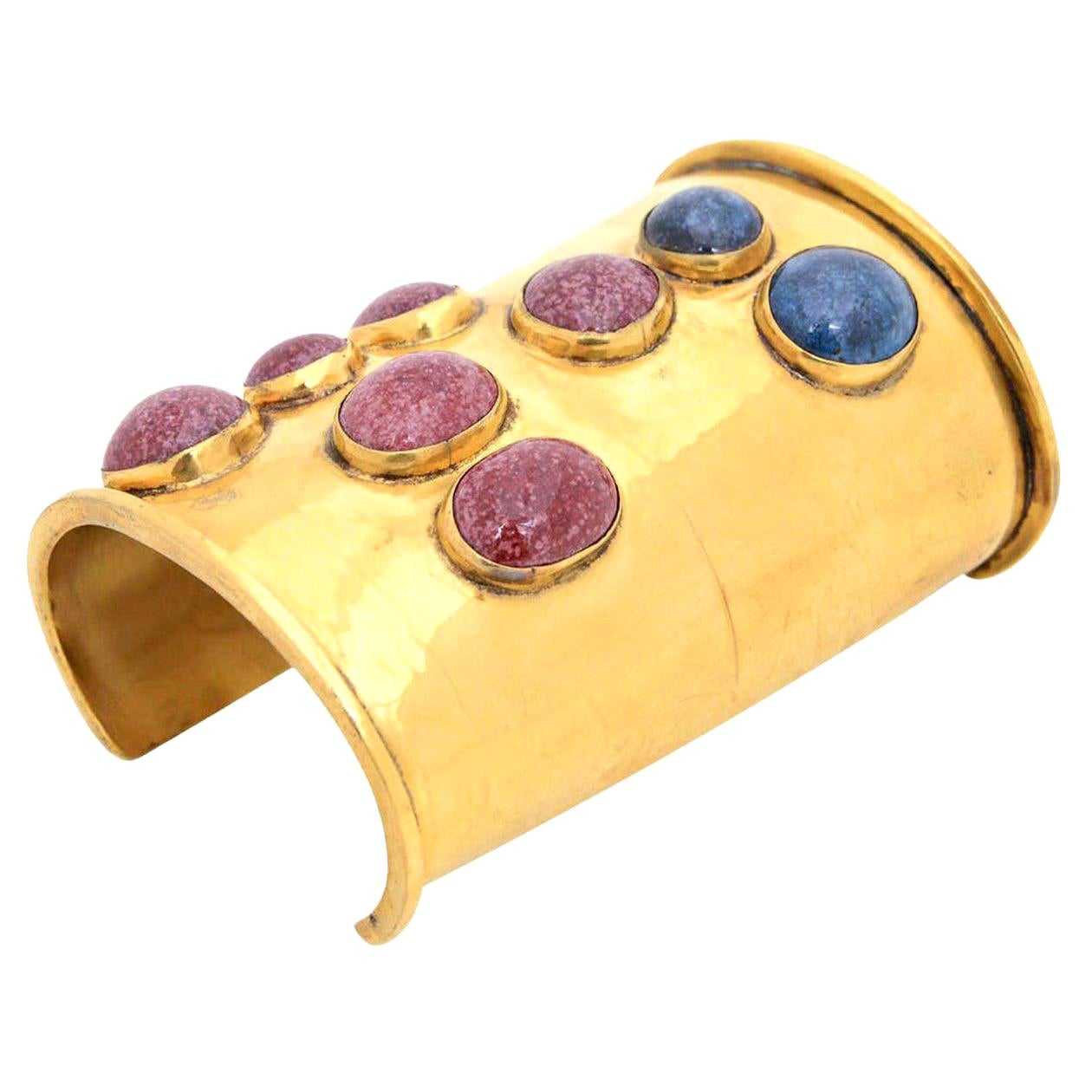 Mary McFadden Vintage Brass, Agate Stone and Lapis Lazuli Wide Cuff Bracelet