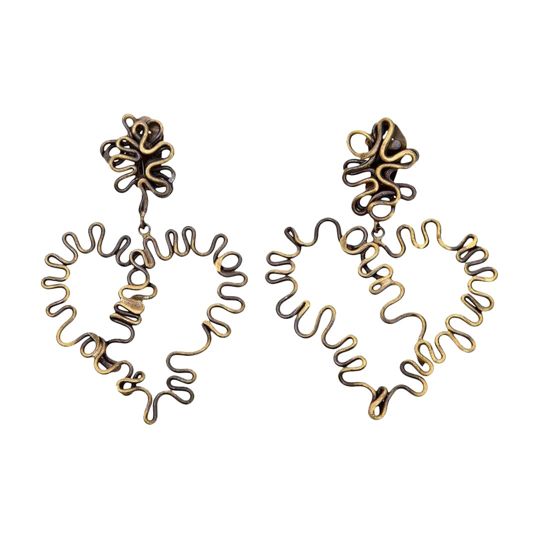 VIntage Brass Sculptural Studio Heart Shaped Clip On Dangle Earrings