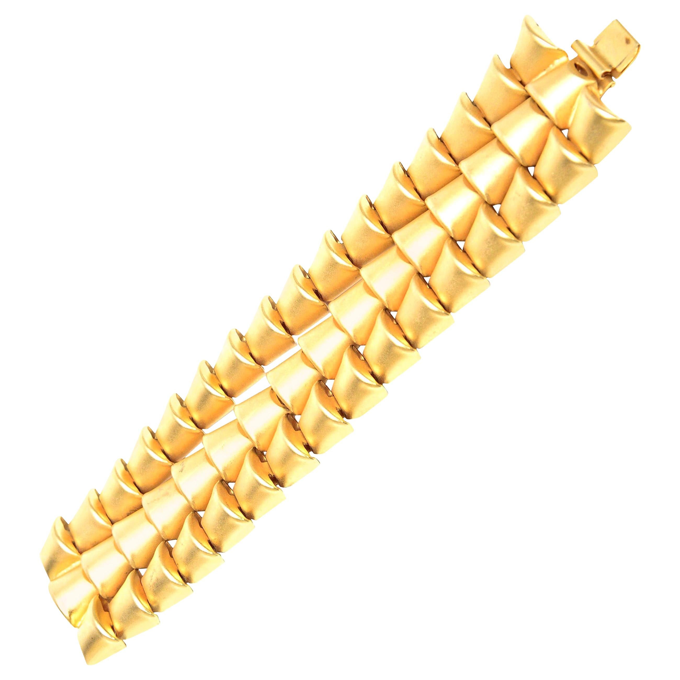 Marcy Feld Signed Gold Plated 3 Row Cuff Bracelet  For Sale