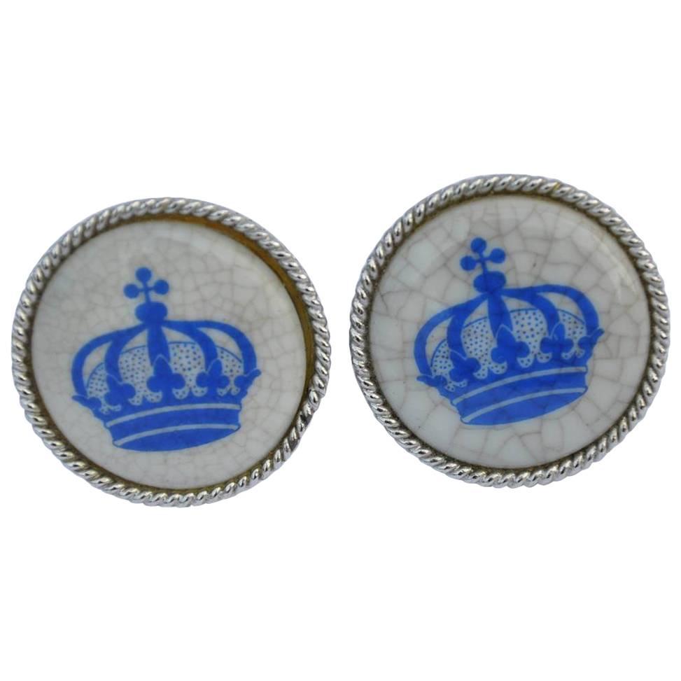 "Crown" Enamel with Silver Hardware Cufflinks For Sale
