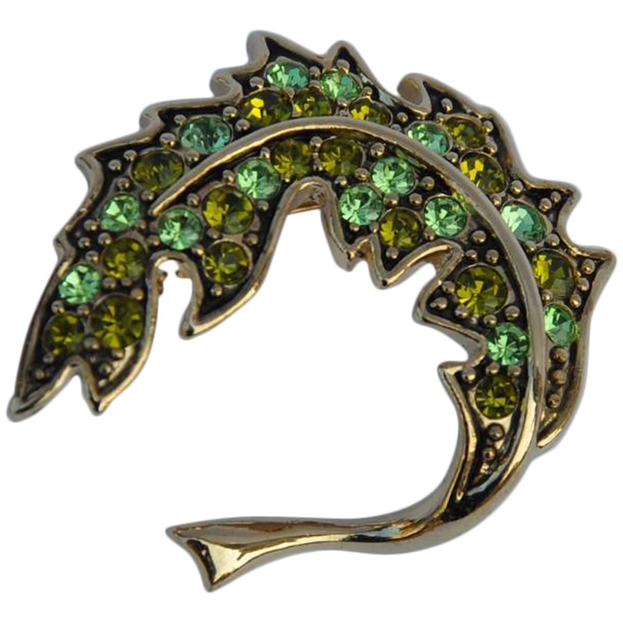 Trifari Gold Vermeil with Emerald Green Rhinestone "Leaf" Brooch For Sale