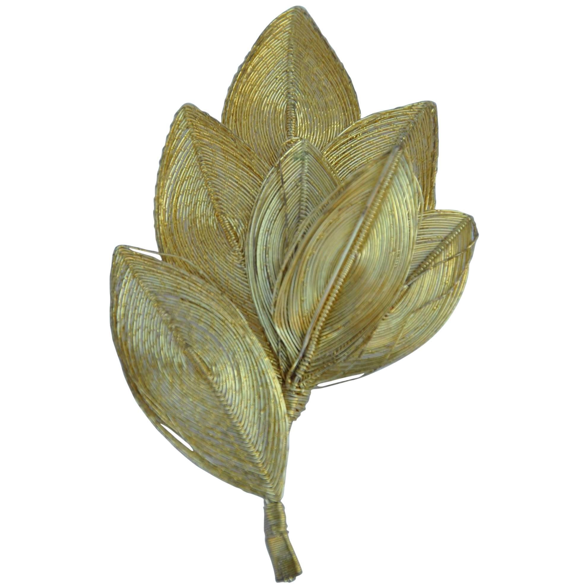 Large Gilded Filigree Movable "Leaves" Brooch For Sale