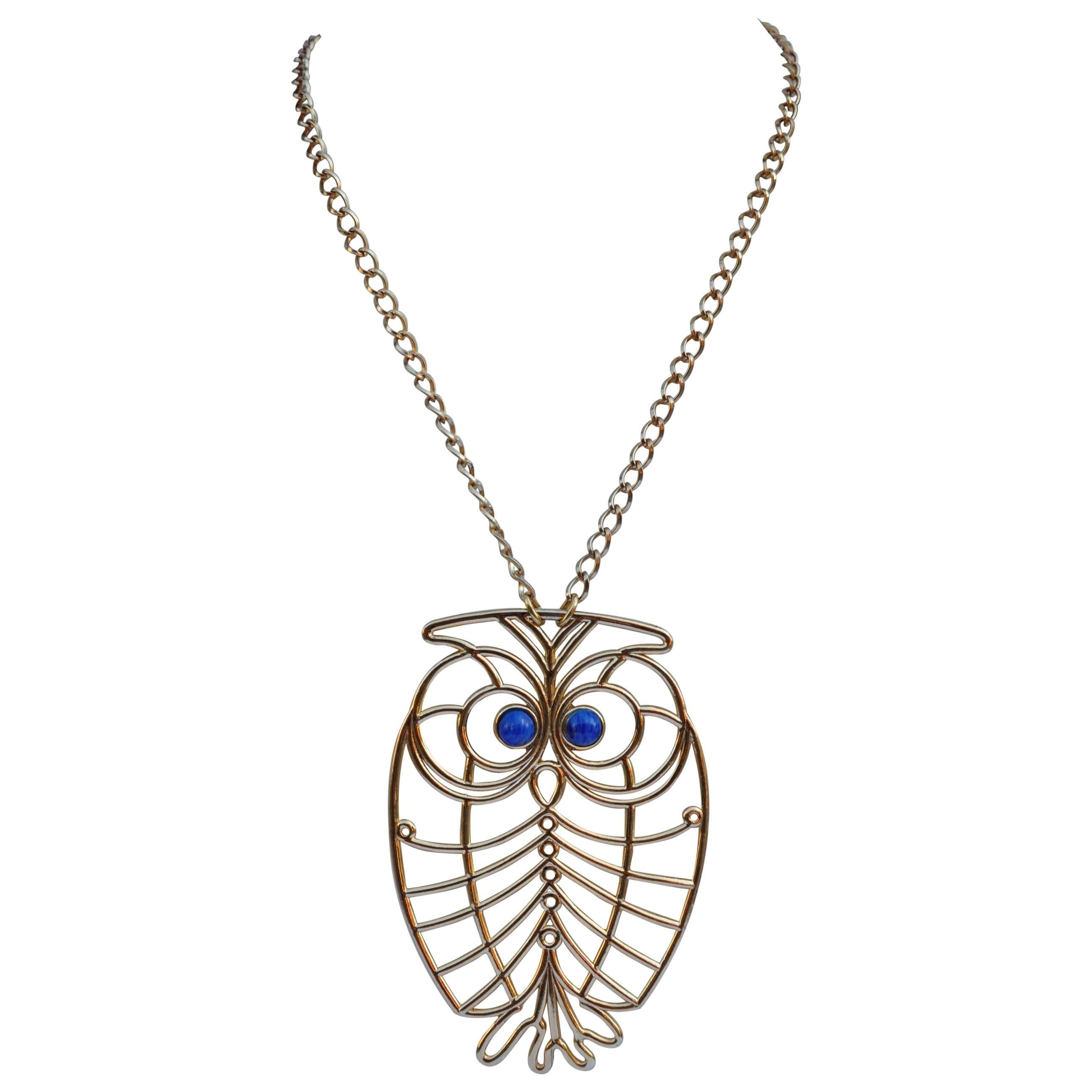 Huge Napier "Owl" Gold Tone Pendant with Necklace For Sale