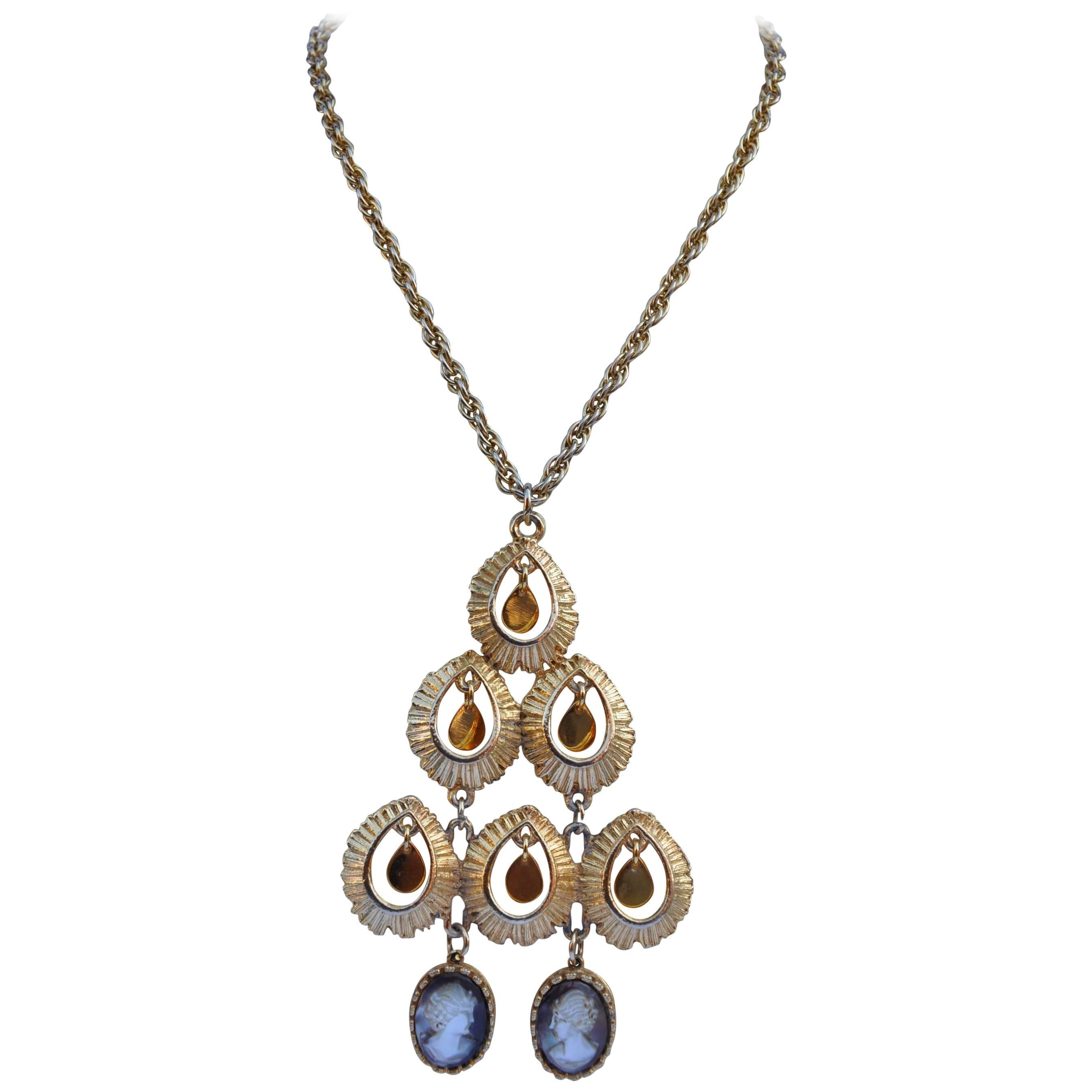 Huge Mobile Pedant with Two Mother-of-Pearl Cameos Gold Necklace For Sale