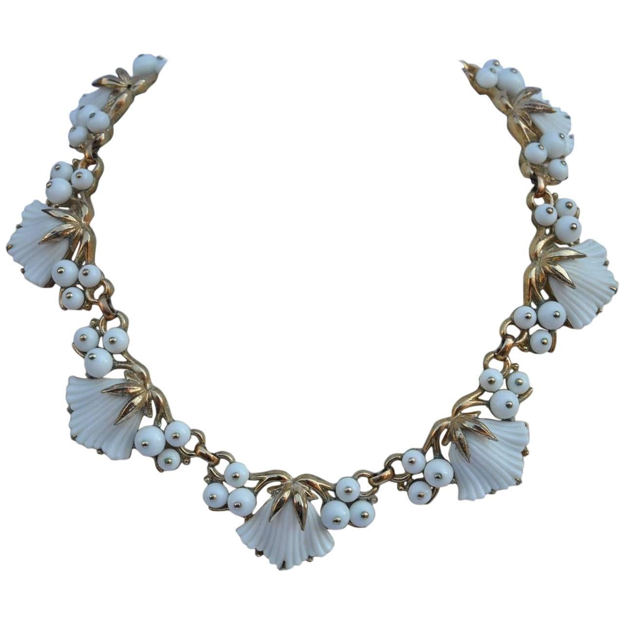 Trifari White Pour Glass and Gold Floral Necklace For Sale