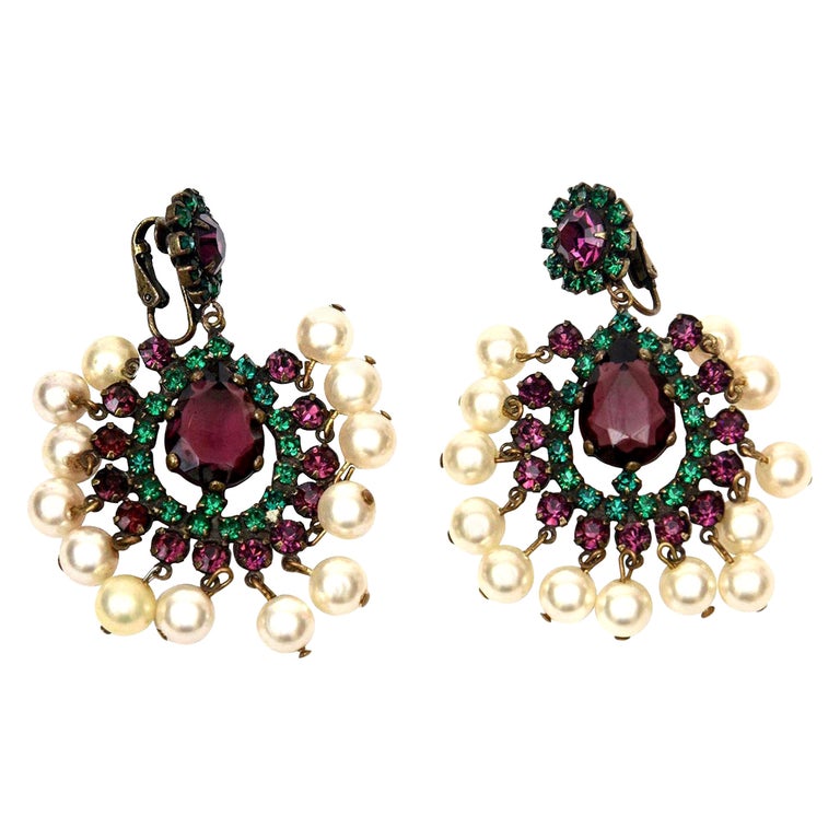 Vintage Jay Lane Green, Purple Pearl Dangle Chandelier Clip On