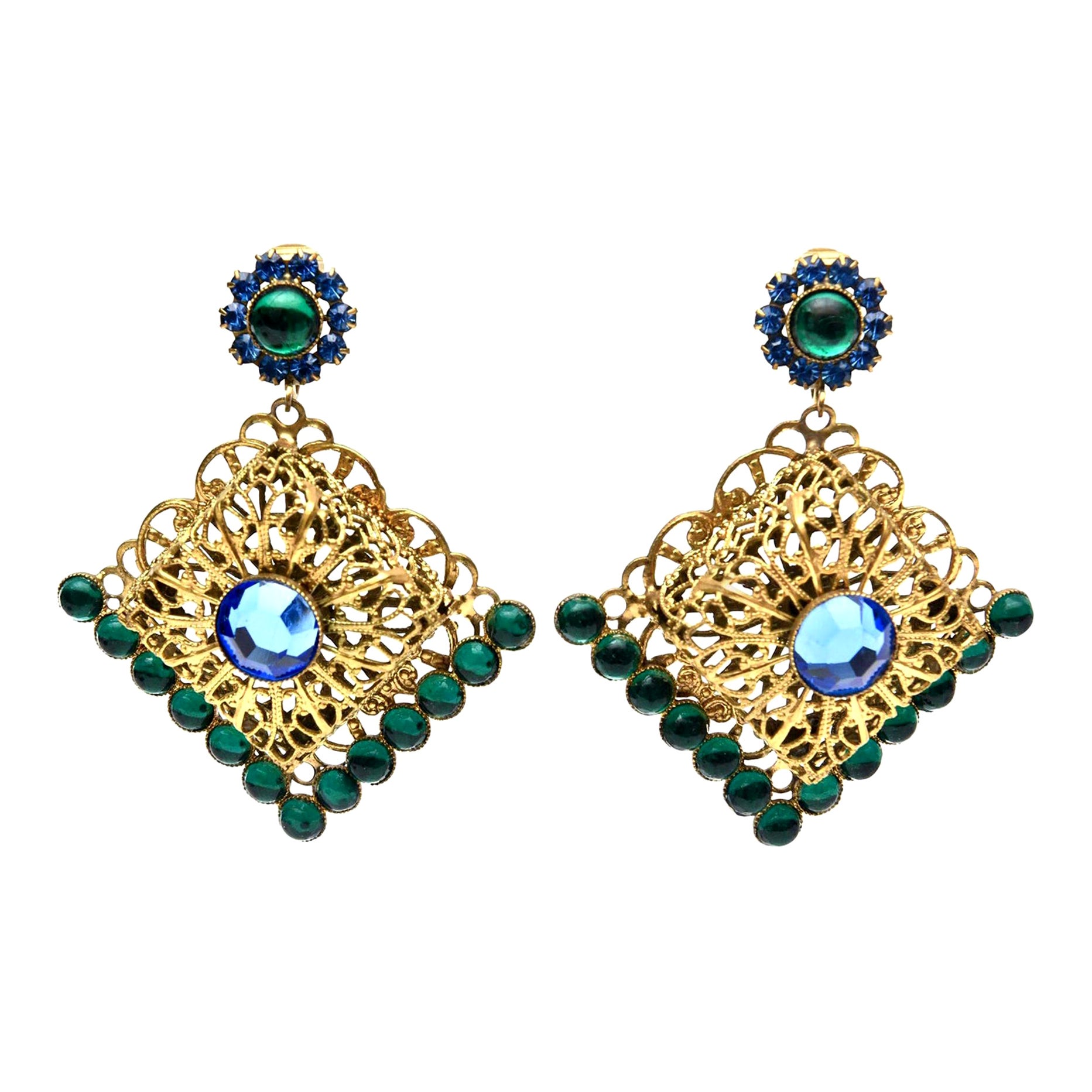 Hattie Carnegie Green and Blue Dangle Rhinestone Clip On Earrings