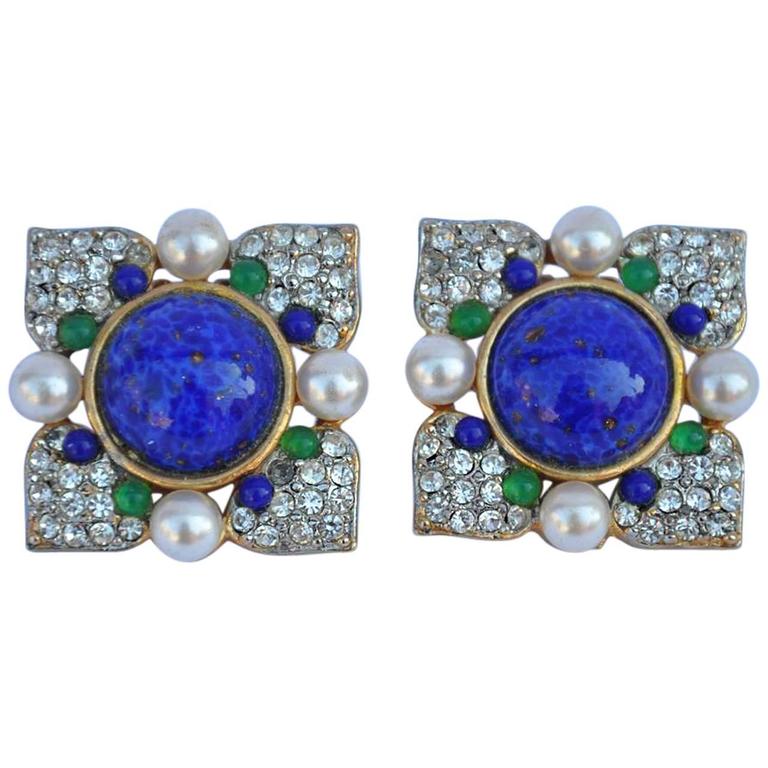 Large Multi-Color "Stones", Rhinestones and Pearl Gold Ear Clips