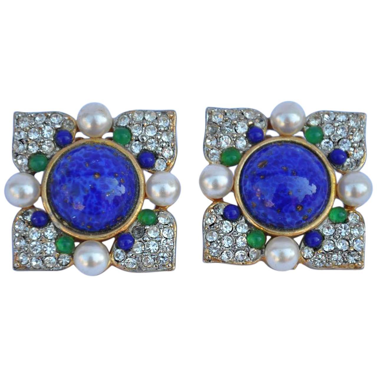 Large Multi-Color "Stones", Rhinestones and Pearl Gold Ear Clips