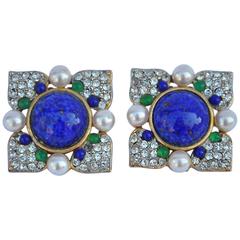 Retro Large Multi-Color "Stones", Rhinestones and Pearl Gold Ear Clips