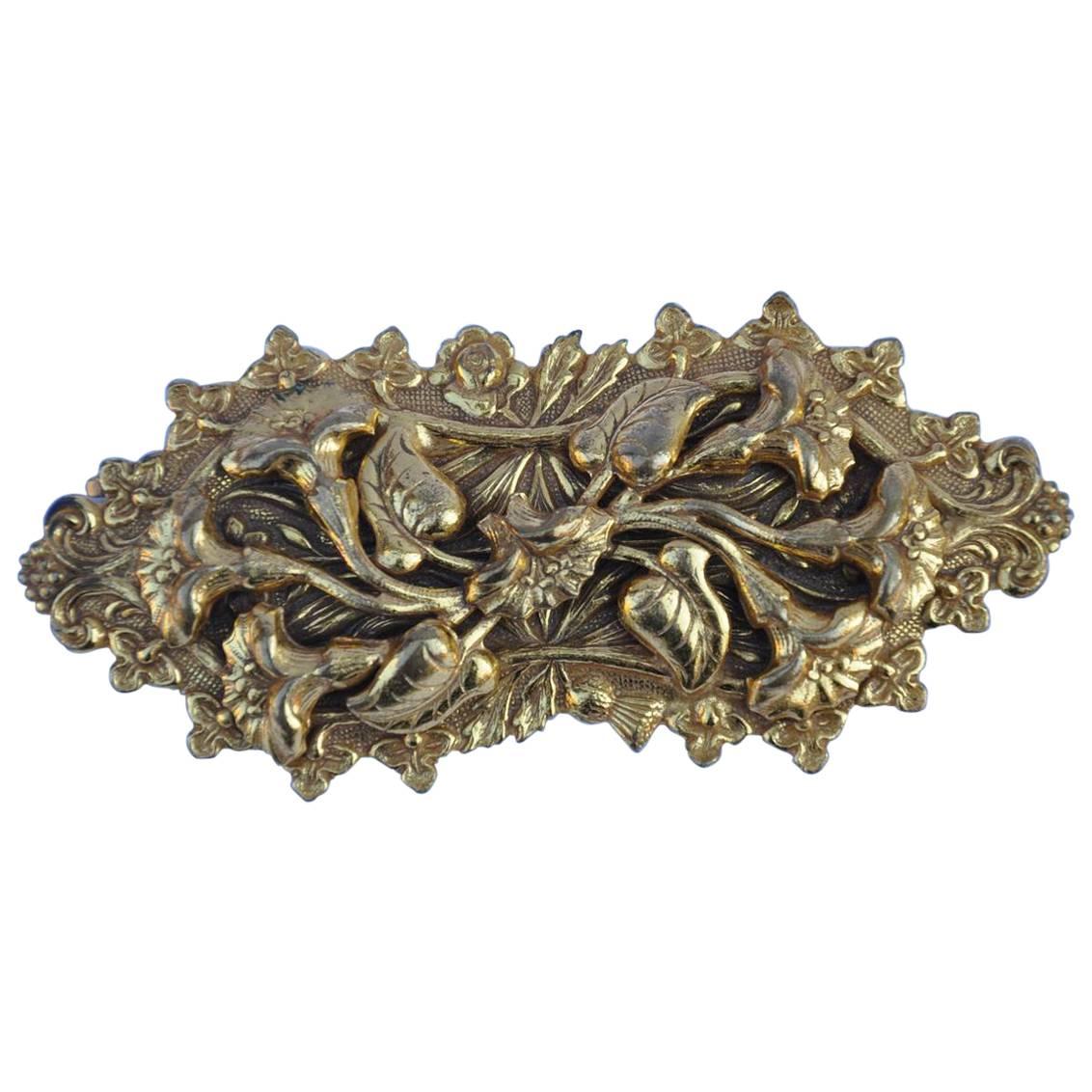 Large Gilded Gold Vermeil Detailed Floral Brooch For Sale