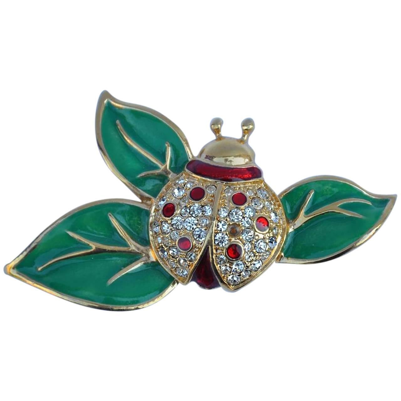 Green & Red Enamel "Ladybug on Leaf" Brooch