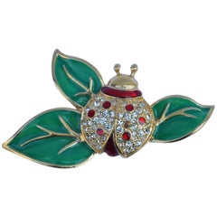 Vintage Green & Red Enamel "Ladybug on Leaf" Brooch