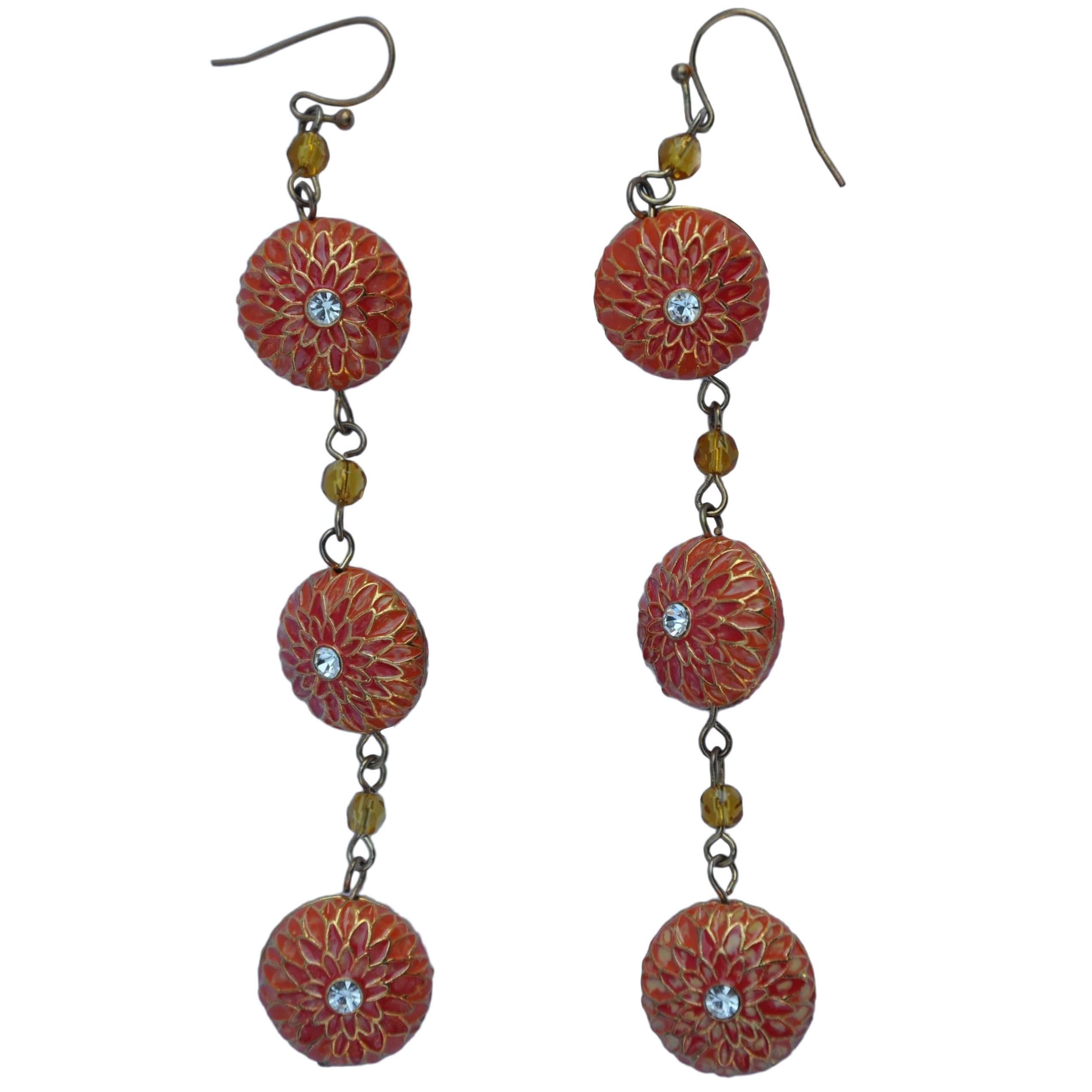 Detailed Coral & Red Enamel with Gold Hardware Hanging Earrings For Sale