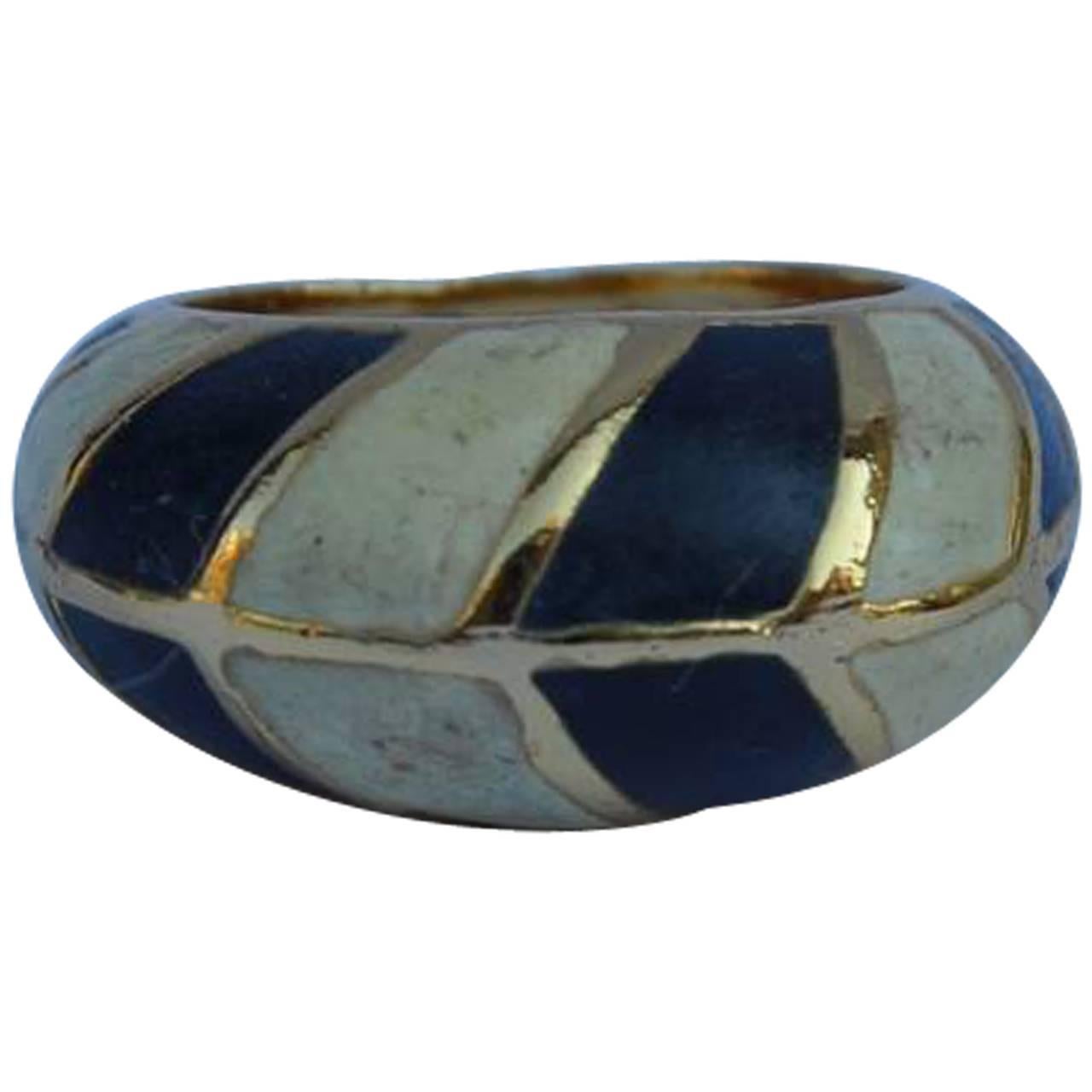 Lanvin Navy and Cream Enamel Finish Gold Tone Ring