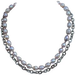 Gilded Silver Link with Natural Pearl Double Strand Necklace