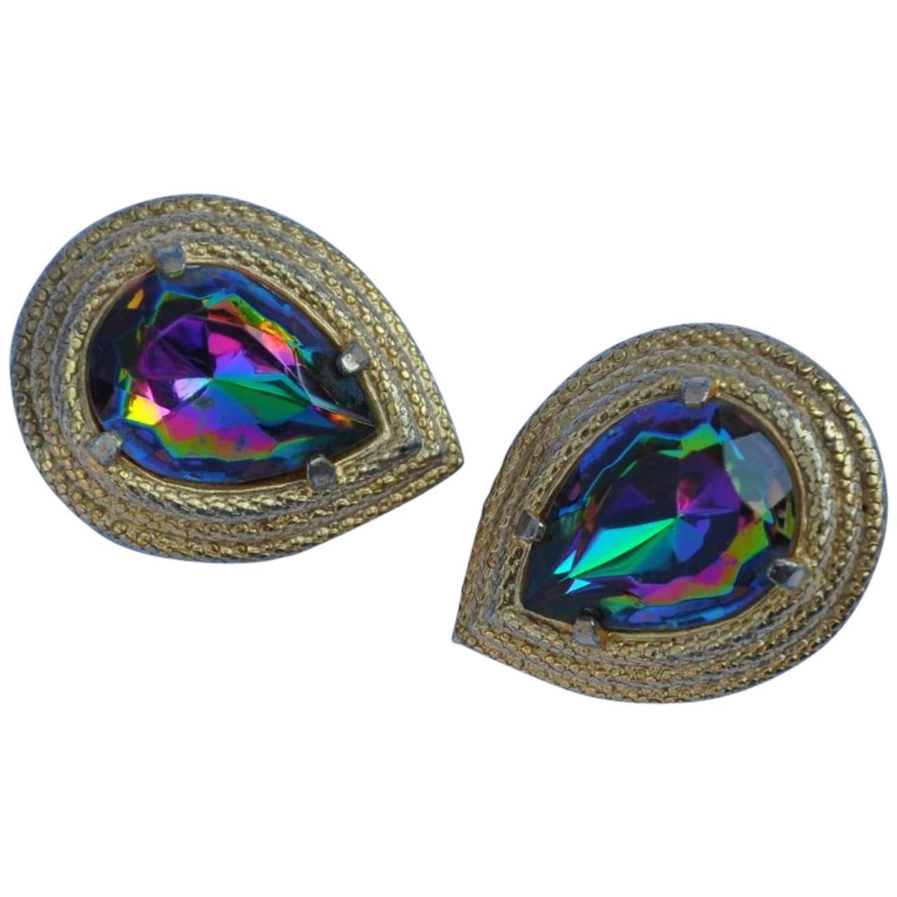 Schiaparelli Gilded Gold Vermeil Filigree with Iridescent Stone Earrings For Sale