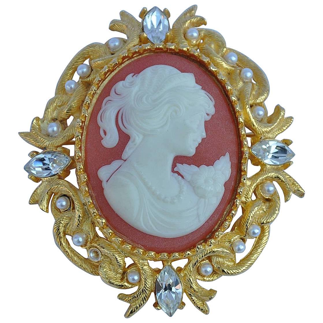 Gerard E. Yosca Huge Gilded Gold Accented with Seed Pearl Cameo Brooch For Sale