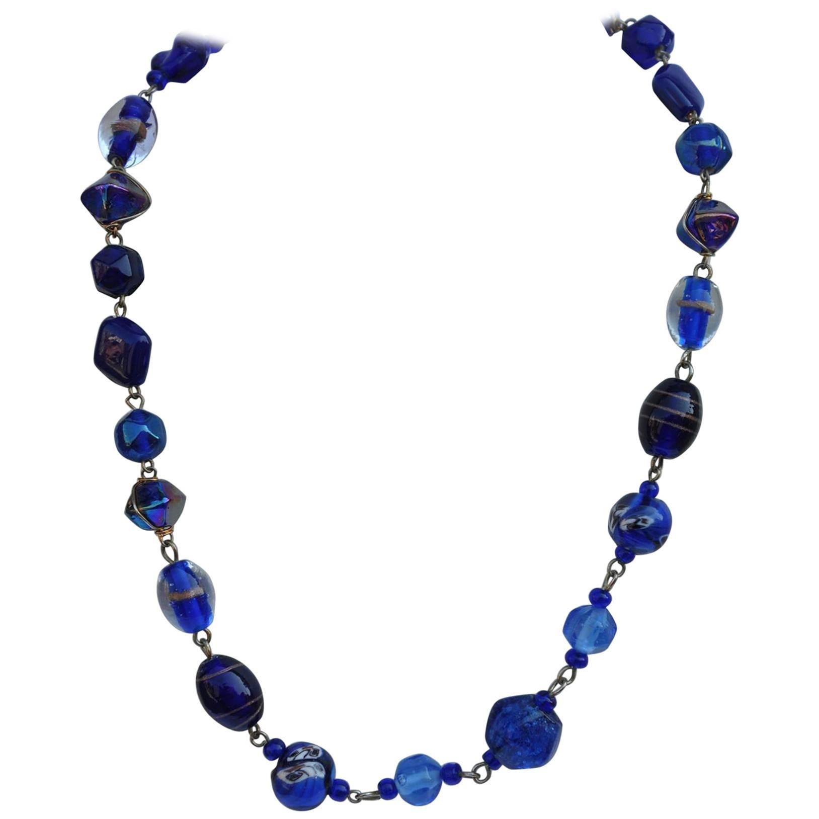 Multi-Size Pour Glass "Lapis" Tone Necklace For Sale