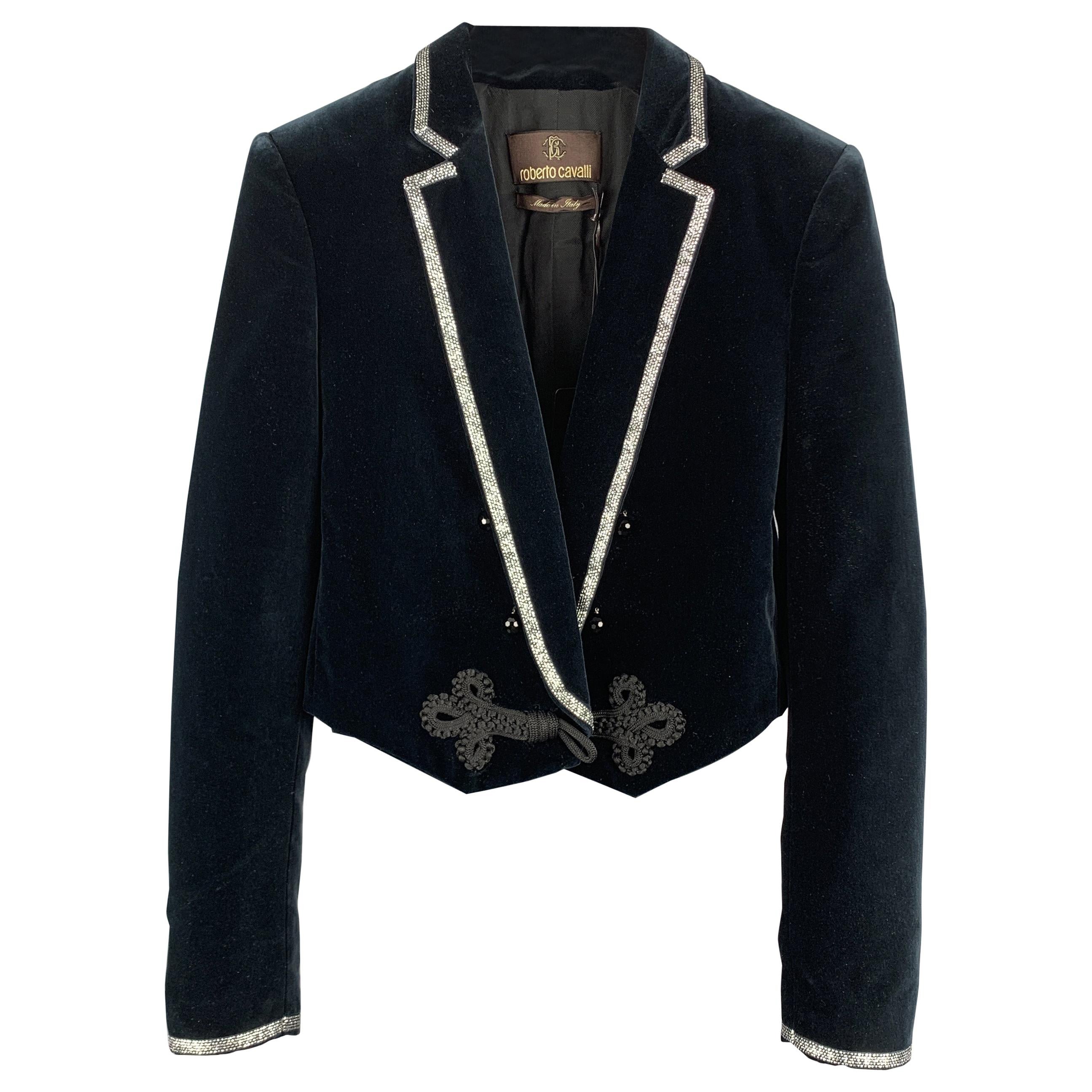 ROBERTO CAVALLI Size XS Navy Cotton Velvet Beaded Lapel Tails Jacket
