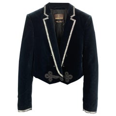 ROBERTO CAVALLI Size XS Navy Cotton Velvet Beaded Lapel Tails Jacket