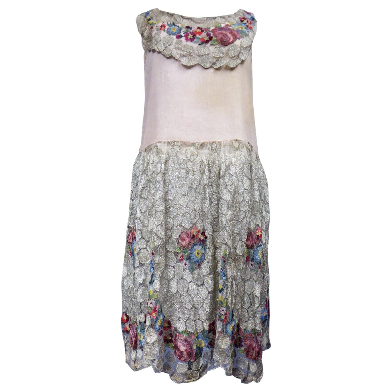 French Couture Art Deco Flapper Dress Net and Voile Embroidered -Circa 1920/1925