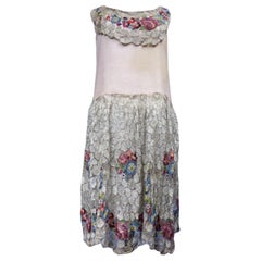 Antique French Couture Art Deco Flapper Dress Net and Voile Embroidered -Circa 1920/1925