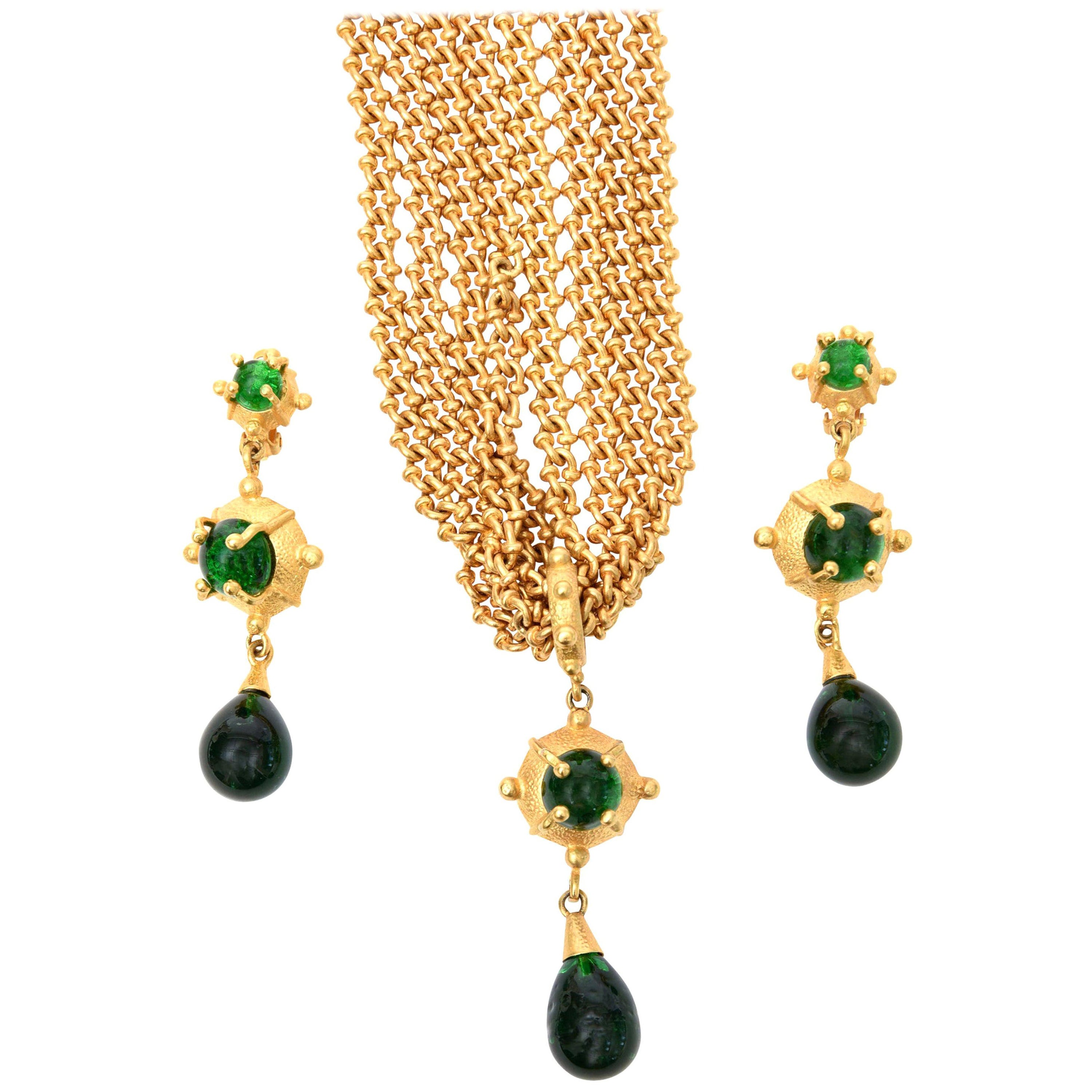  Andrew Spingarn Gold Plated With Green Glass Sculptural Necklace, Earrings Set For Sale