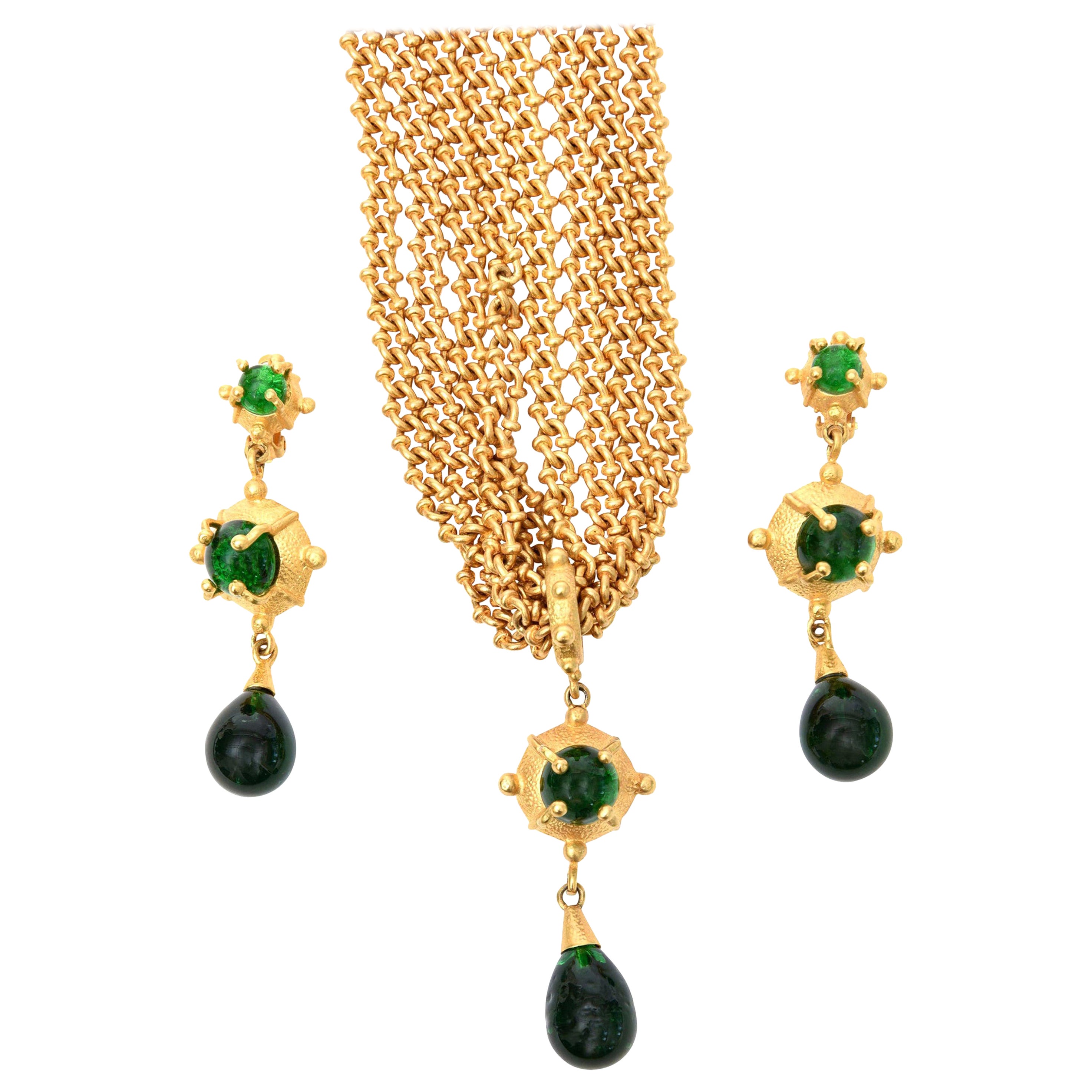 Andrew Spingarn Gold Plated With Green Glass Sculptural Necklace, Earrings Set