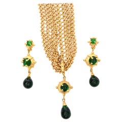 Andrew Spingarn Gold Plated With Green Glass Sculptural Necklace, Earrings Set