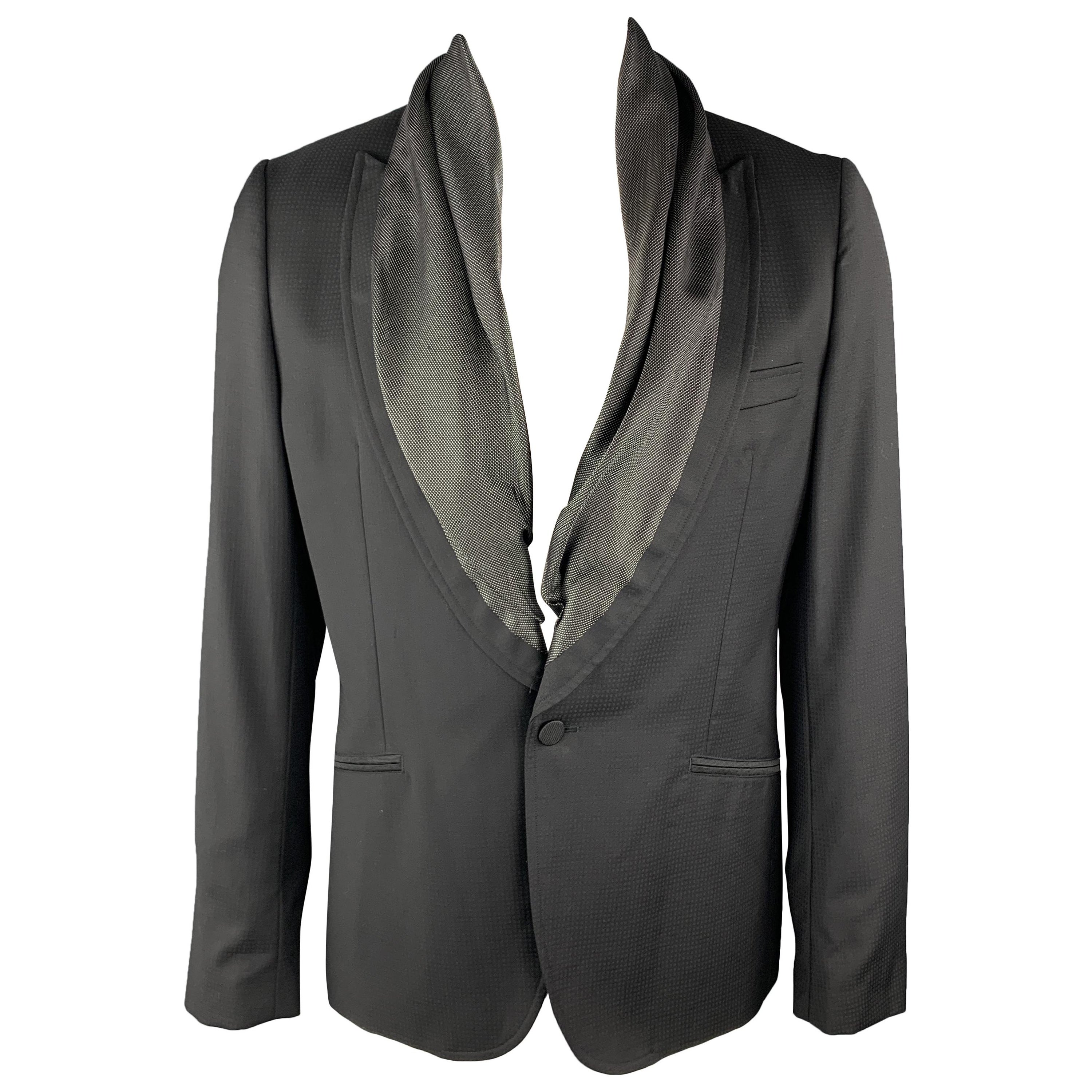 JOHN GALLIANO 44 Black on Black Checkered Wool Scarf Collar Tuxedo Sport Coat