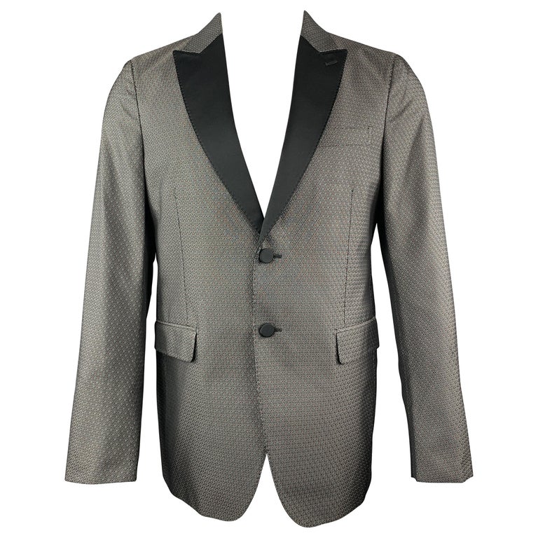 VALENTINO Size 40 Grey and Black Jacquard Polyester / Silk Peak Lapel ...