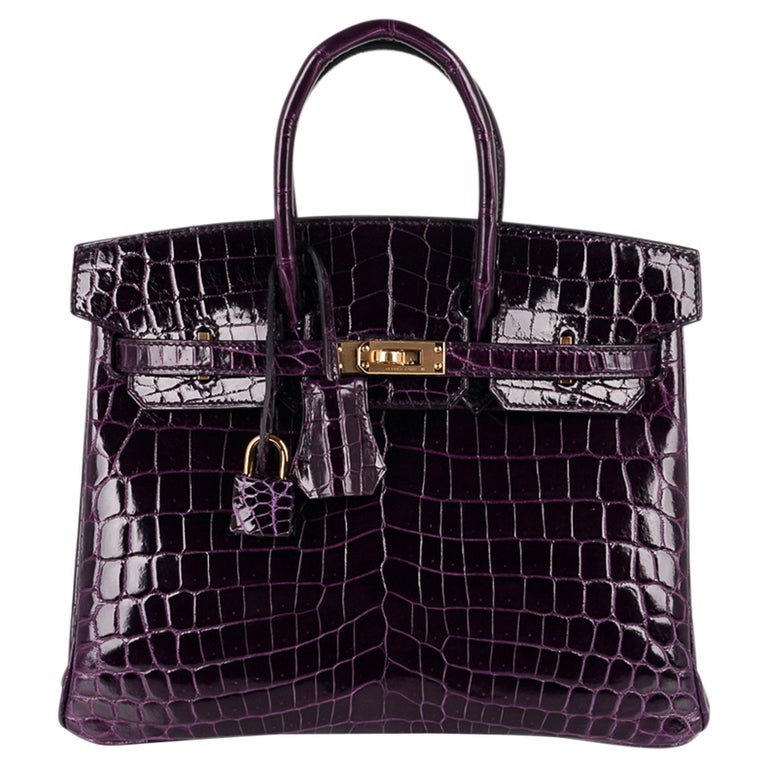 Hermes Birkin 25 Bag Aubergine Crocodile Gold Hardware For Sale at 1stDibs