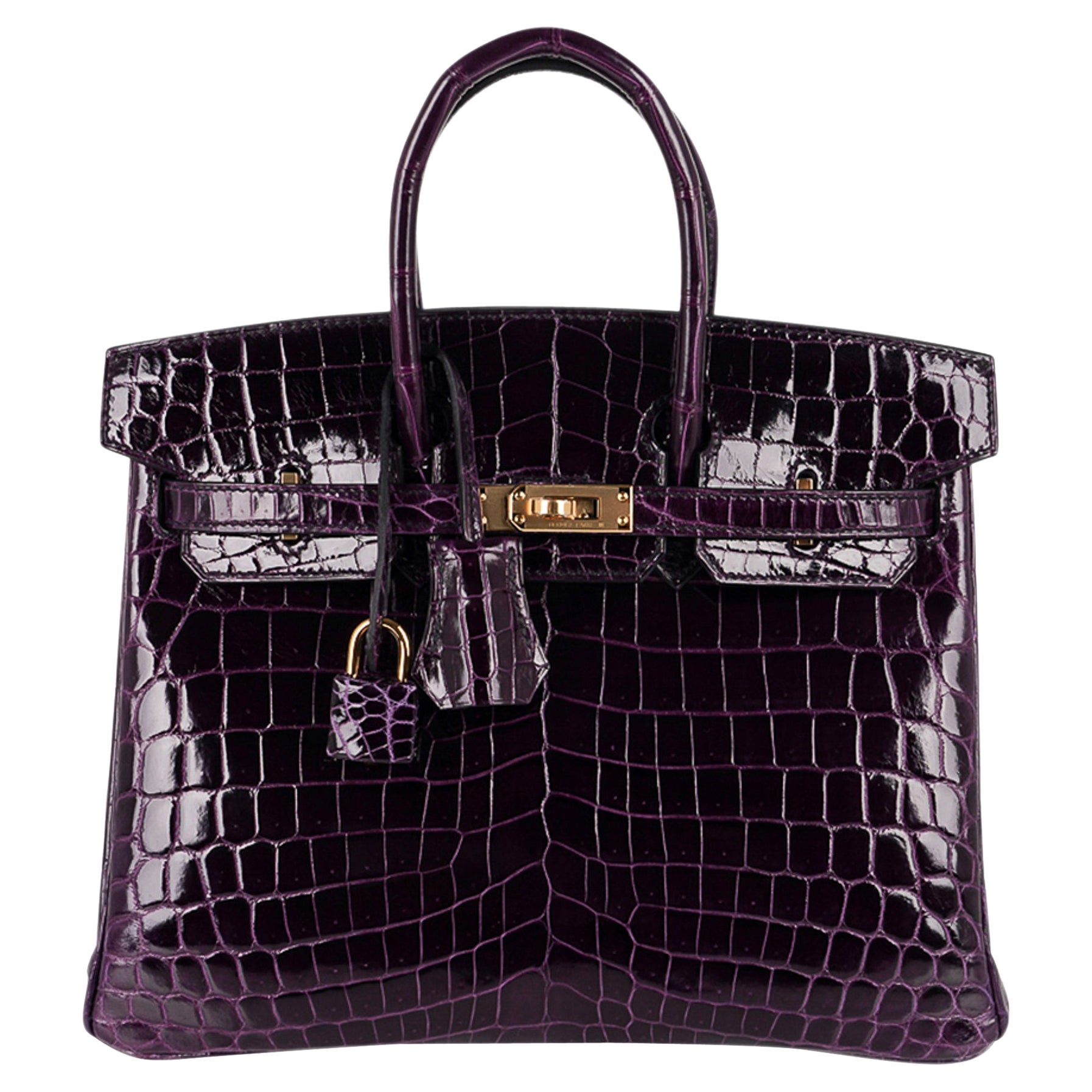 Hermès - Sac Birkin 25 en crocodile aubergine avec détails dorée  en vente