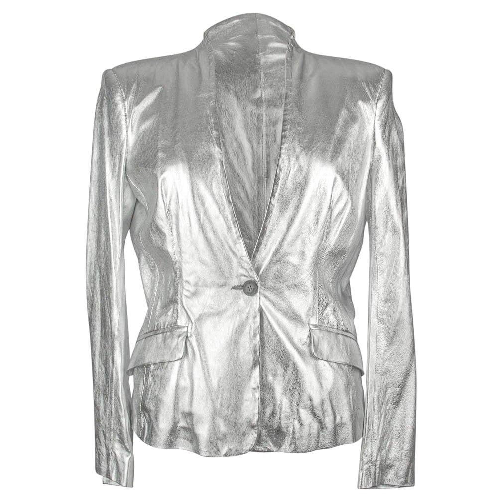 Pierre Balmain Jacket Metallic Silver Leather Lightweight 42 / 8 For Sale