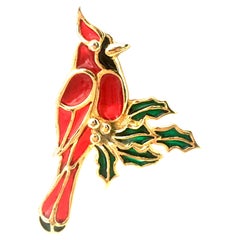 Vintage 20th Century Gold,  Plique A Jour Cardinal & Holly Christmas Brooch