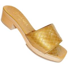 Chanel gold leather quilted wood sandals sz 39
