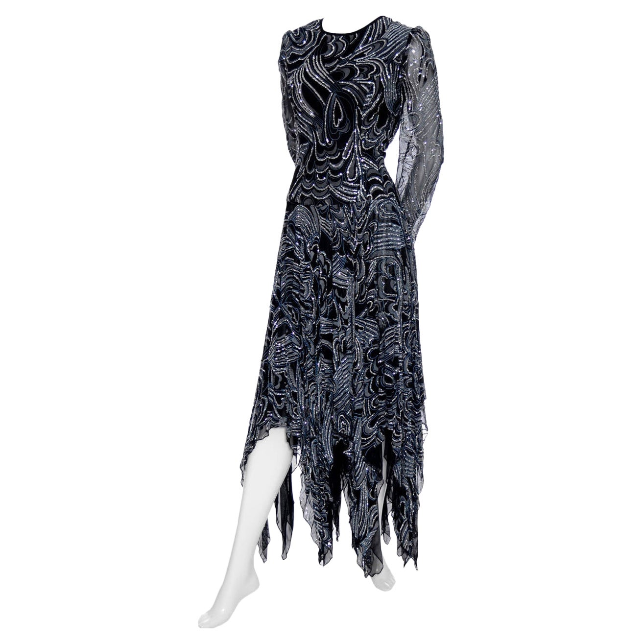 1980s Terence Nolder Vintage Dress w Handkerchief Hem in Metallic Sparkle Fabric For Sale