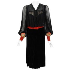 Vintage 1930s Worth Haute Couture Beaded Black Velvet & Silk Billow-Sleeve Dress