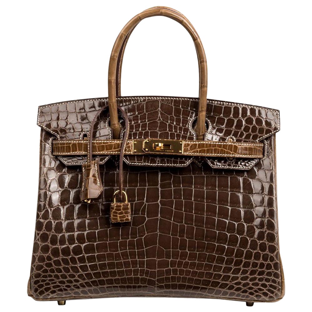 Sac Hermès Birkin HSS 30 en crocodile gris éléphant/ficelle finitions métalliques dorées en vente