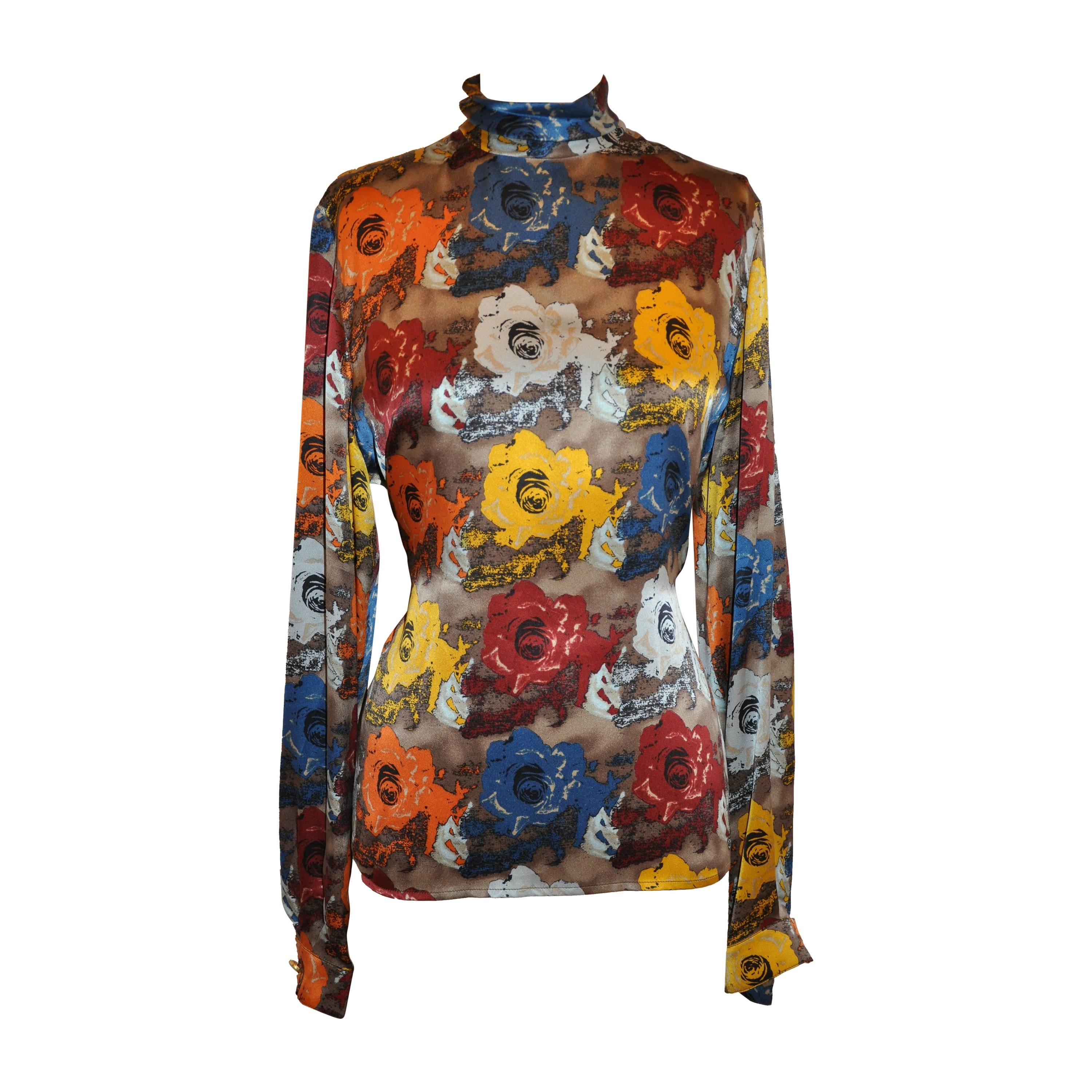 Emanuel Ungaro Multi-Color High-Neck Floral Print Silk Zipper Top